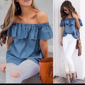 AQAQ - Denim Off the Shoulder Blouse